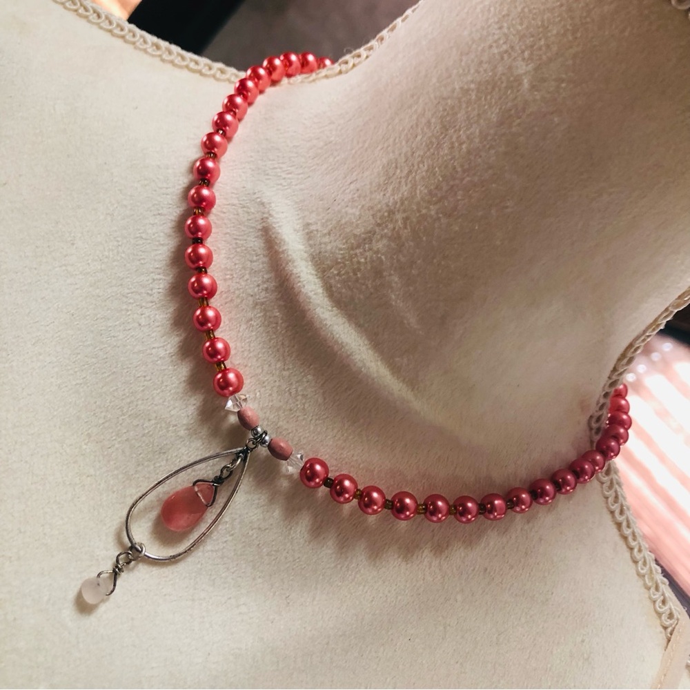 Handcrafted repurpose genuine quartz stone drop pendant beaded necklace